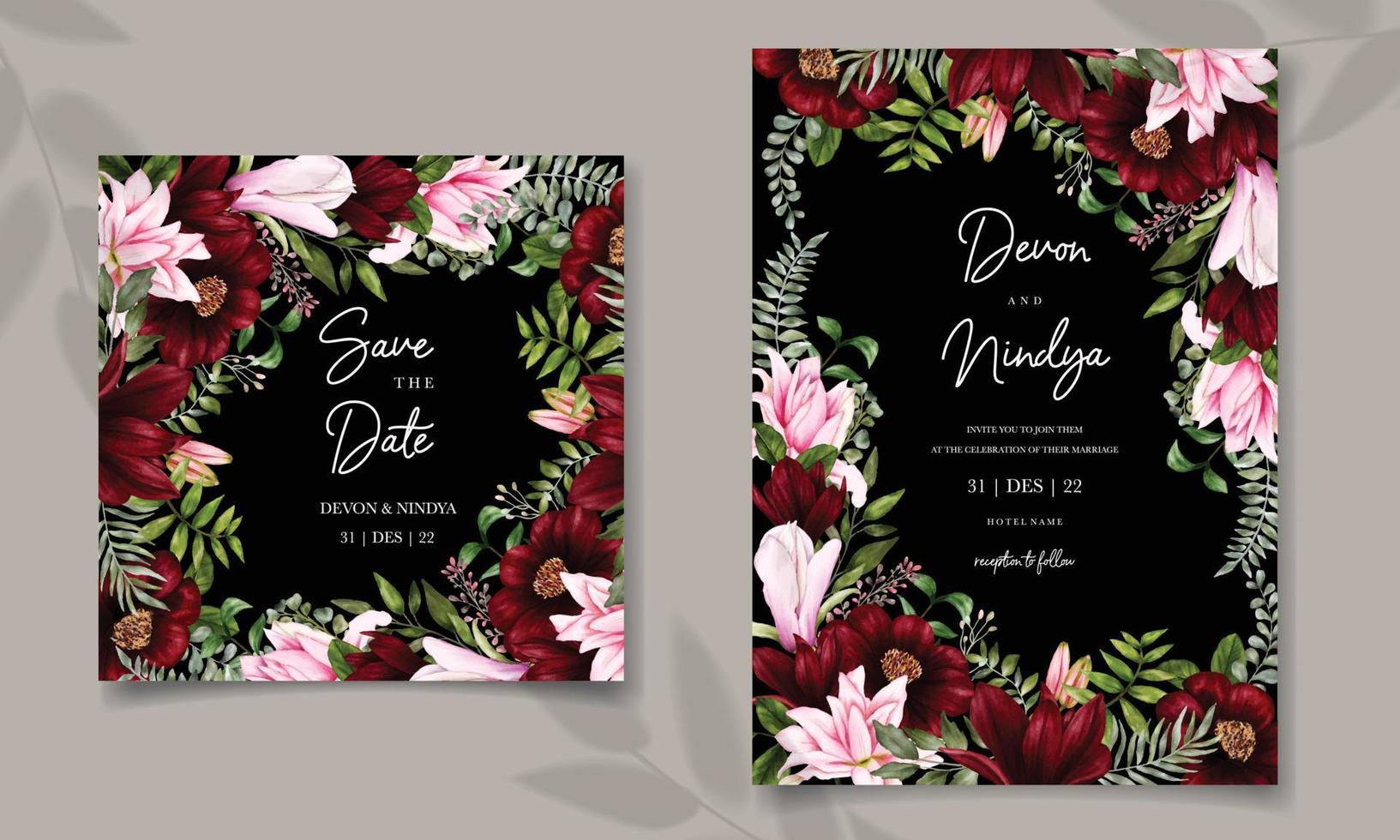 hermosa tarjeta de invitación de boda con decoración floral burdeos vector