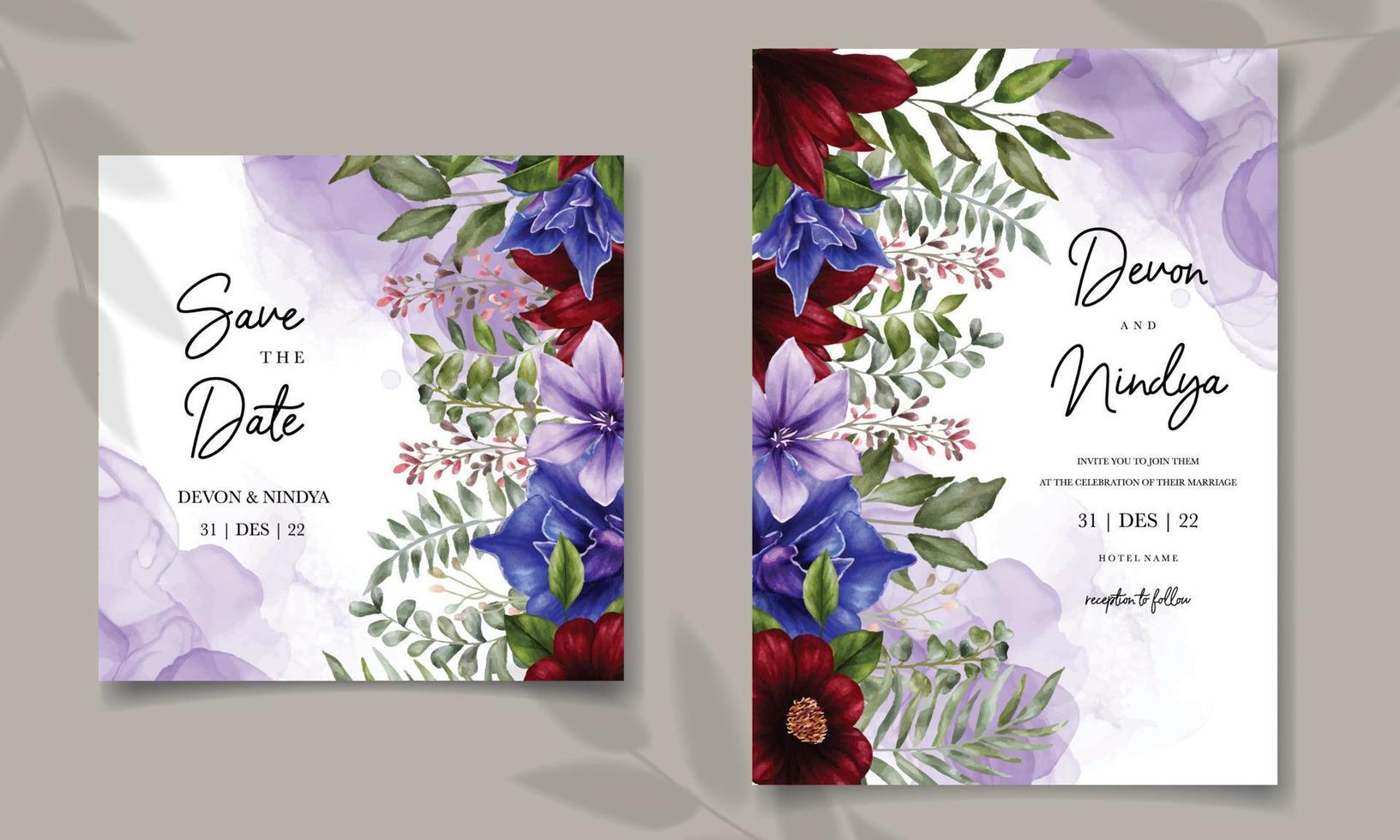 elegante invitación de boda con flor de acuarela vector