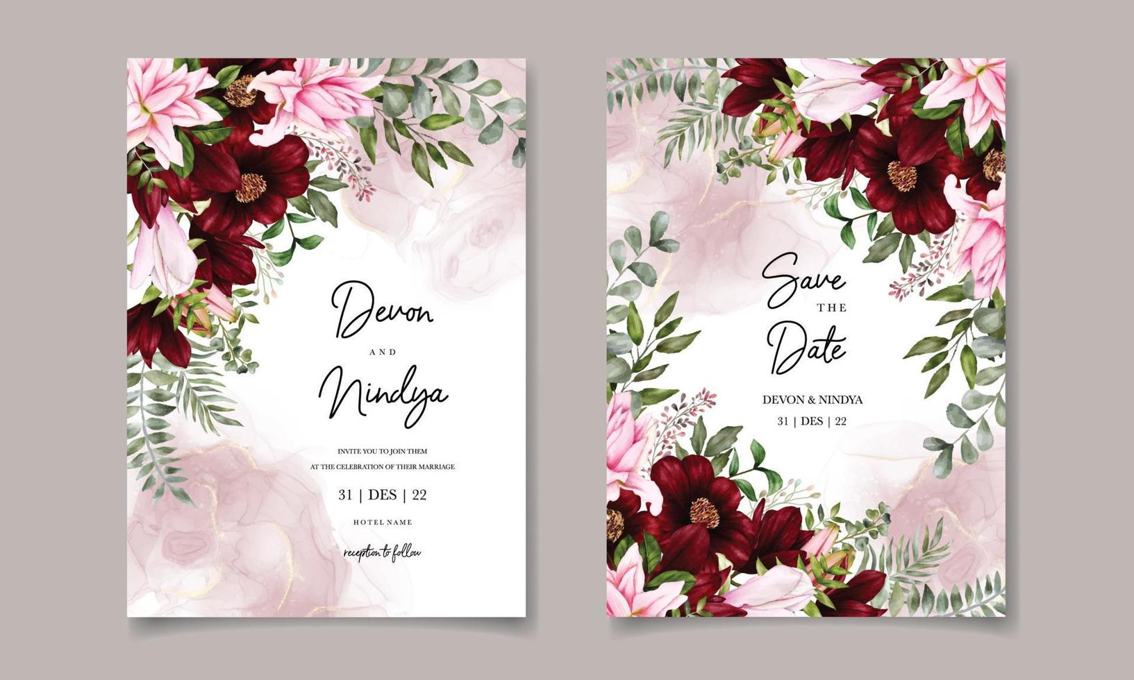 hermosa tarjeta de invitación de boda con decoración floral burdeos vector