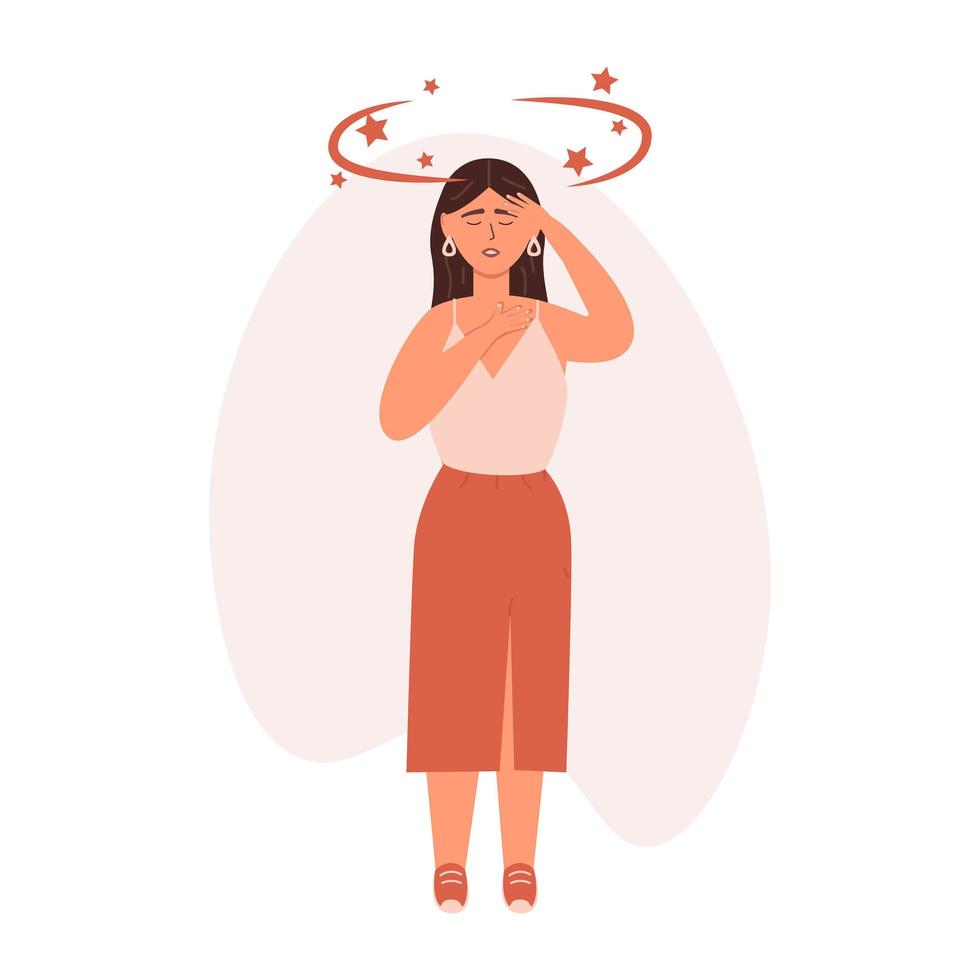 joven madre sorprendida con síntomas de mareo, estrellas girando alrededor de su cabeza. ilustración vectorial en estilo moderno y plano en vivo. vértigo, mareos, atención médica, enfermedad, concepto de enfermedad, aislado en un blanco vector