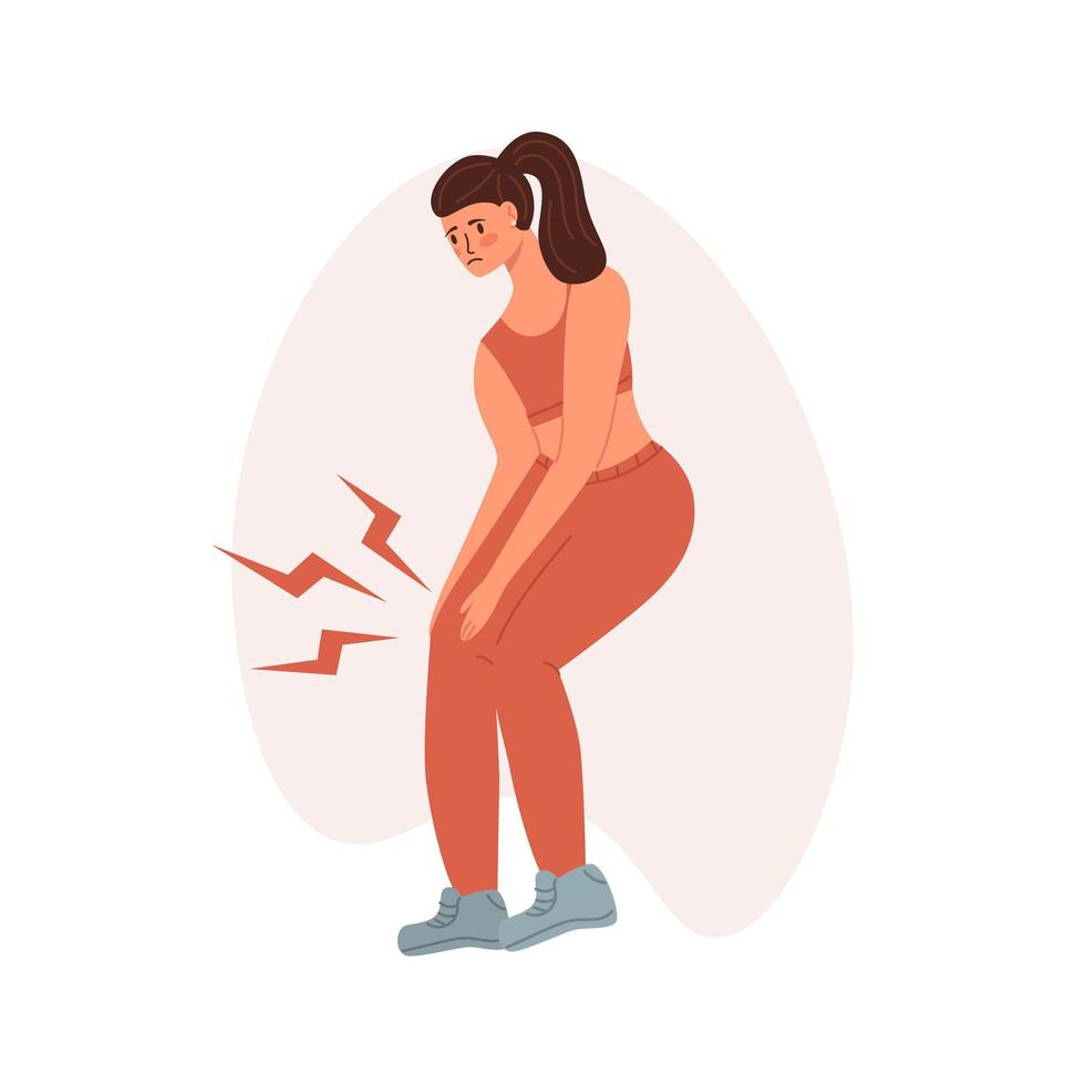 Young runner woman having a knee pain and suffering for this. Vector illustratin in trendy live flat style. Healthcare, pain, sickness, disease concept, isolated on a white background