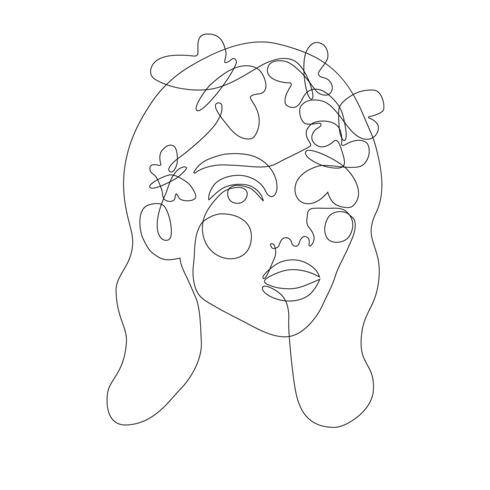 Woman face with butterfly abstract one continuous line portrait. Modern minimalist style illustration for posters, t-shirts prints, avatars, postcard and brochure. Single line draw graphic design vector