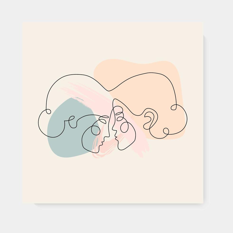 Two woman faces abstract one continuous line portrait. Modern minimalist style illustration for posters, t-shirts prints, avatars, pstcard and brochure. Lovers kiss, romantic relationship concept vector