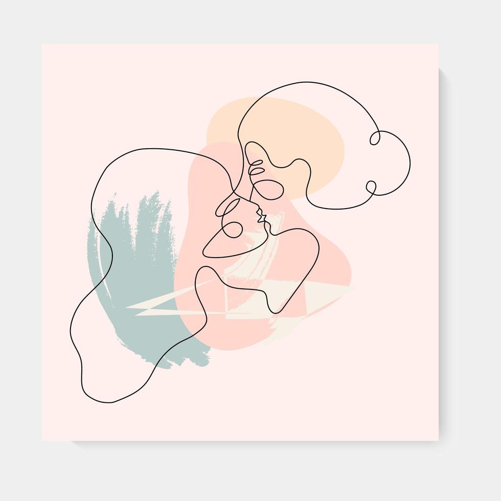 Two woman faces abstract one continuous line portrait. Modern minimalist style illustration for posters, t-shirts prints, avatars, pstcard and brochure. Lovers kiss, romantic relationship concept vector