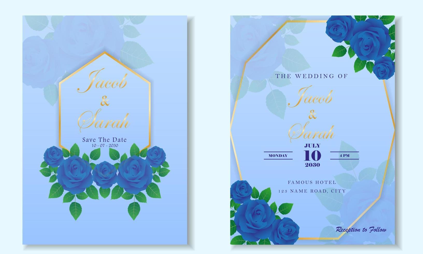 blue wedding card template with blue rose floral frame by vector design