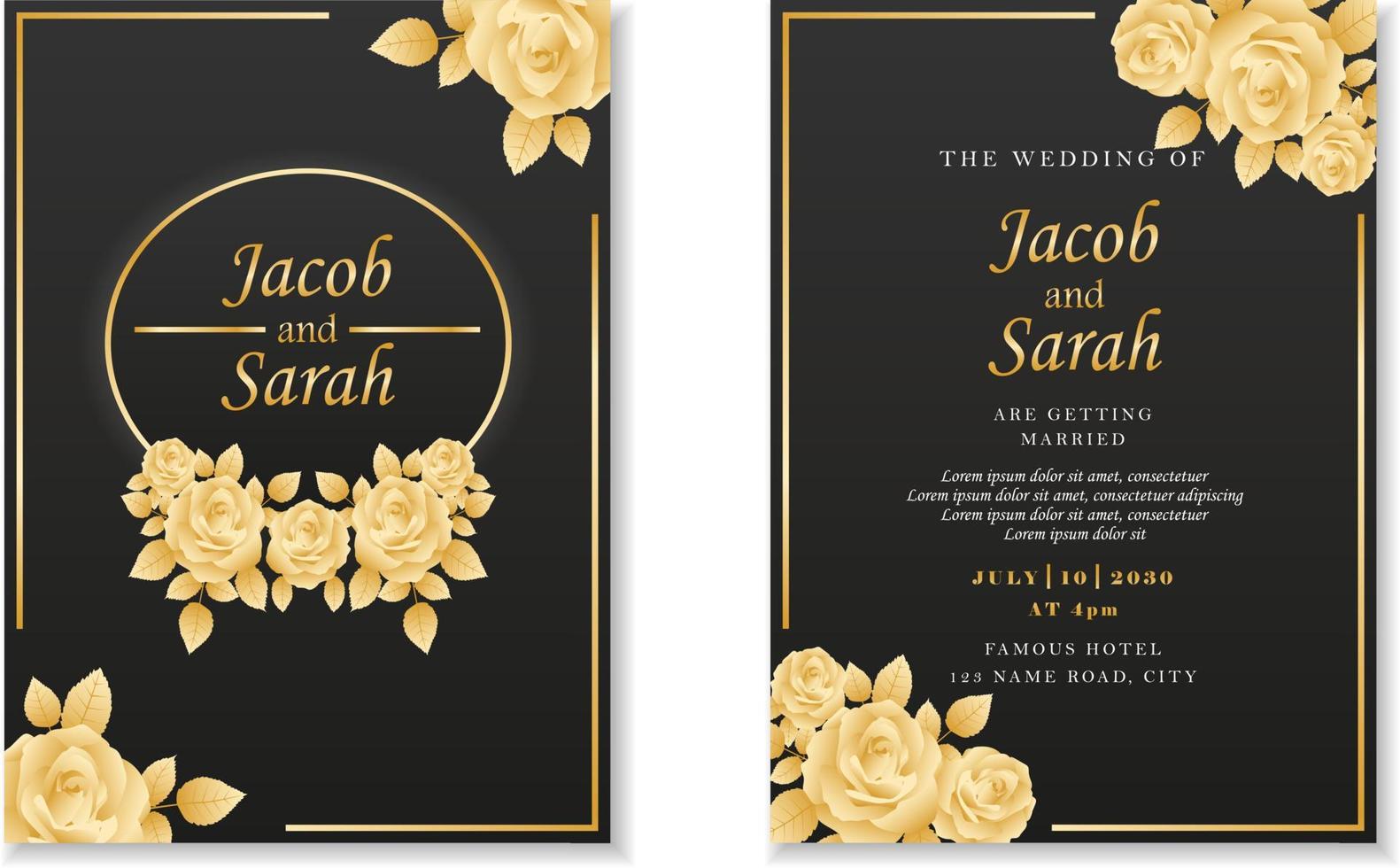 royal wedding card black template with gold rose floral frame by vector design