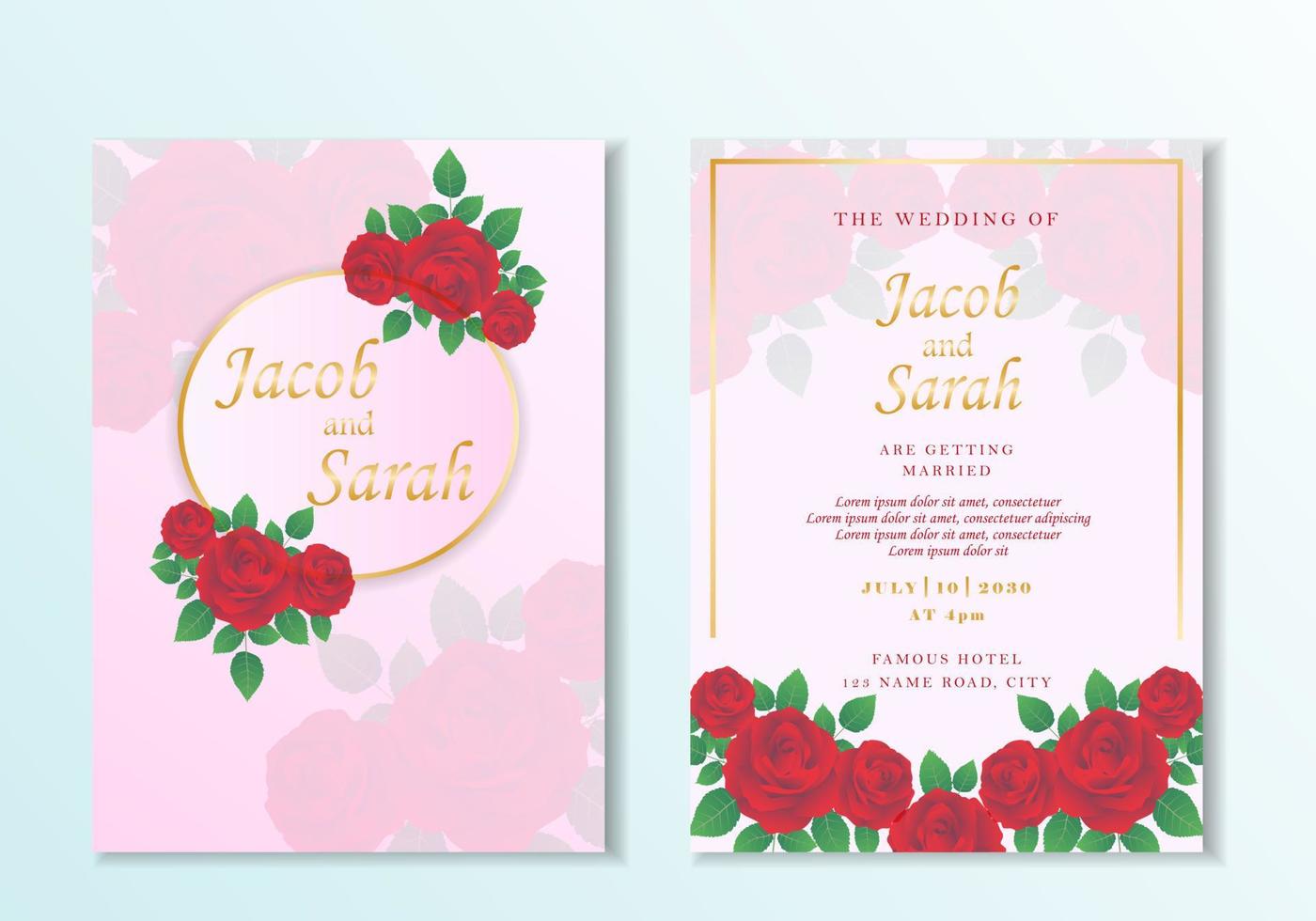 elegante plantilla de tarjeta de boda con marco floral de rosa roja y oro por diseño vectorial vector