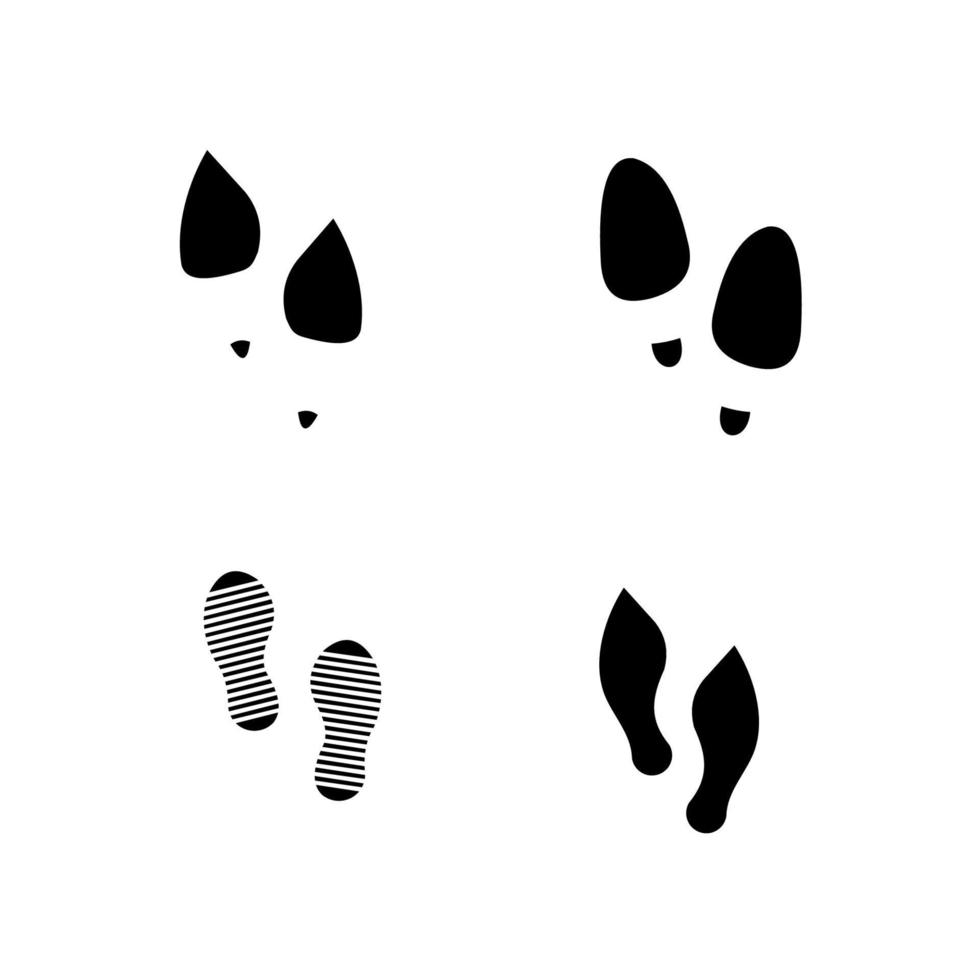 huellas silueta humana, conjunto de vectores, aislado sobre fondo blanco. estampado de suelas de zapatos. banda de rodadura, botas, zapatillas de deporte. icono de impresión descalzo. vector