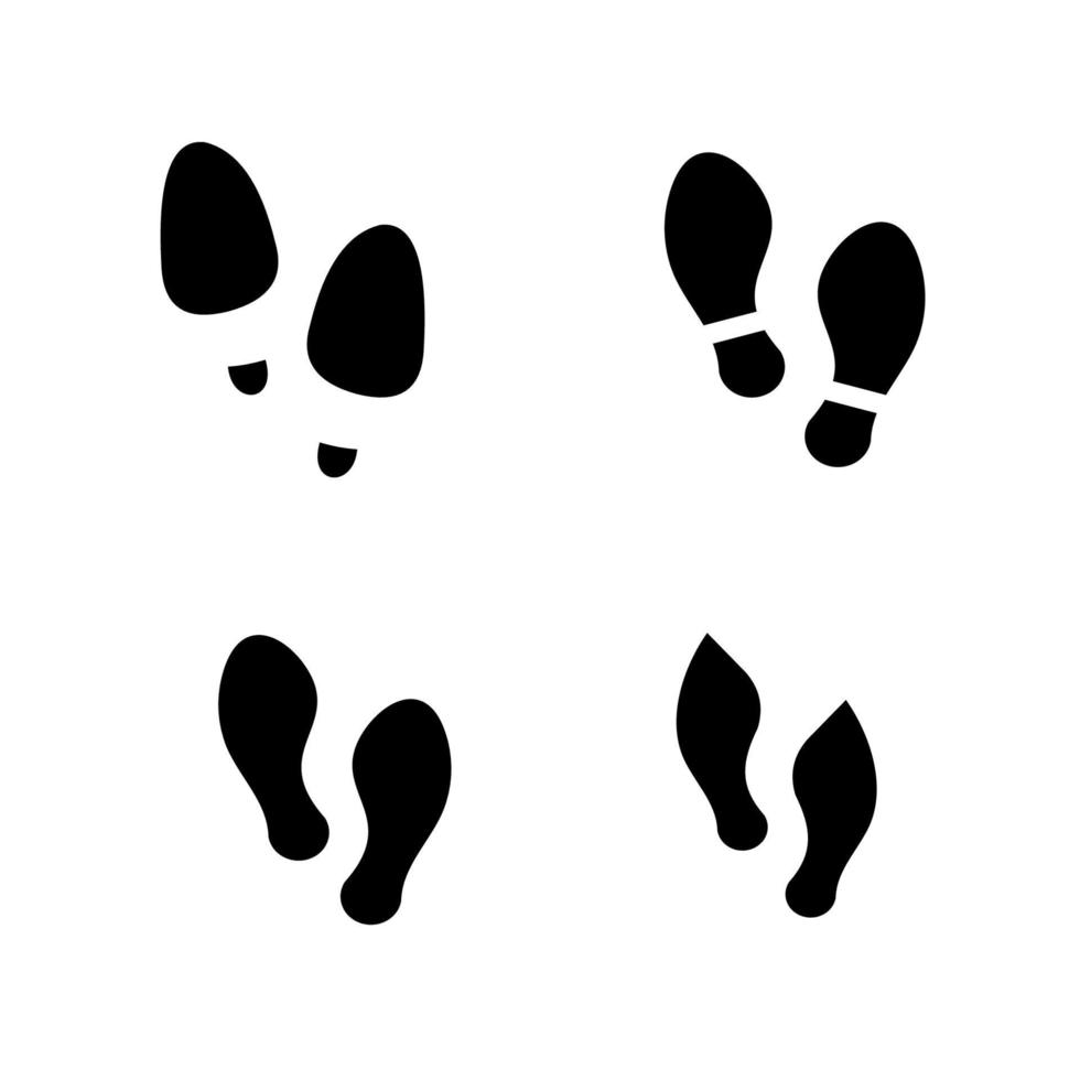 Footprints human silhouette, vector set, isolated on white background. Shoe soles print. Foot print tread, boots, sneakers. Impression icon barefoot.