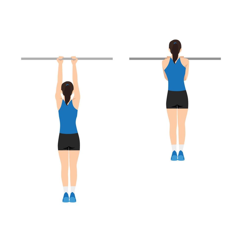 Woman doing chin-ups workout. Fitness and bodybuilding exercise in the gym. Healthy and active lifestyle. Isolated vector illustration in cartoon style