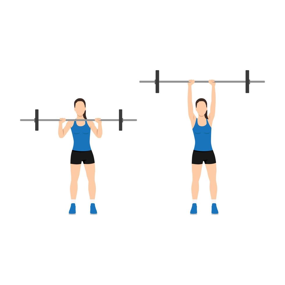 Woman doing Overhead barbell shoulder press exercise. Flat vector illustration isolated on white background