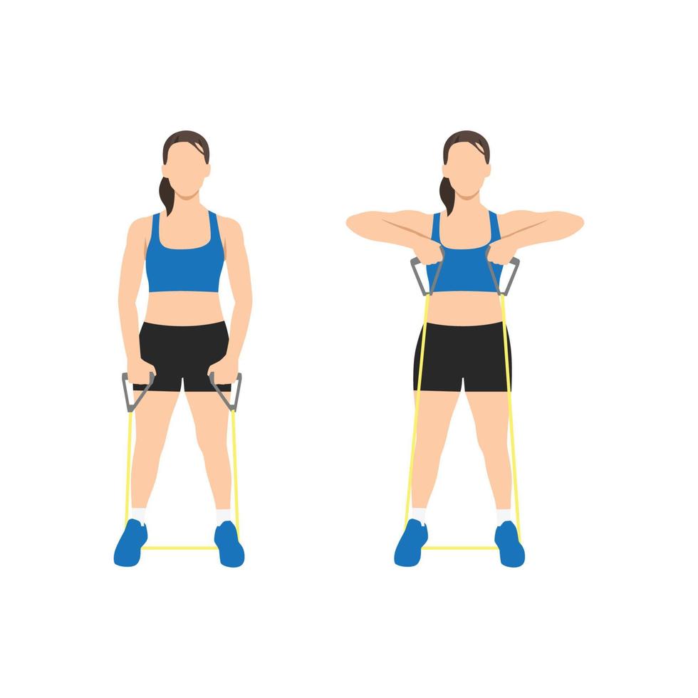 Woman doing Cable upright row with resistance band exercise. Flat vector illustration isolated on white background