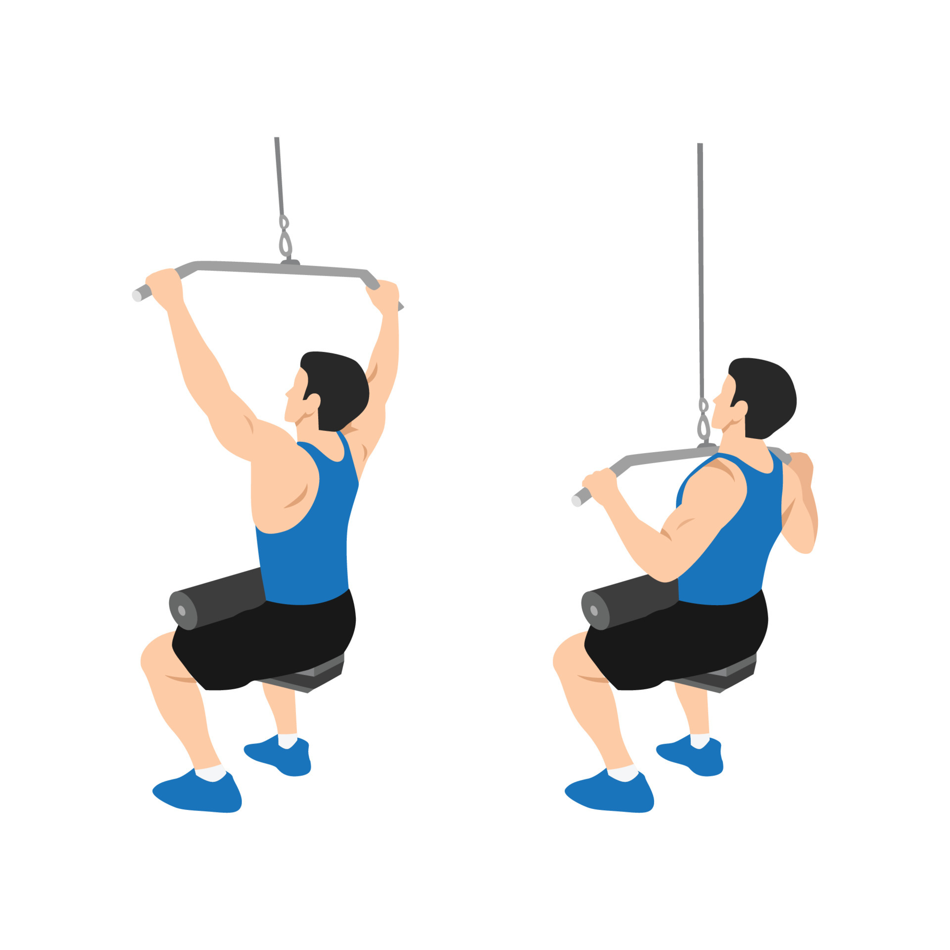 Man doing seated lat pulldowns flat vector illustration isolated on