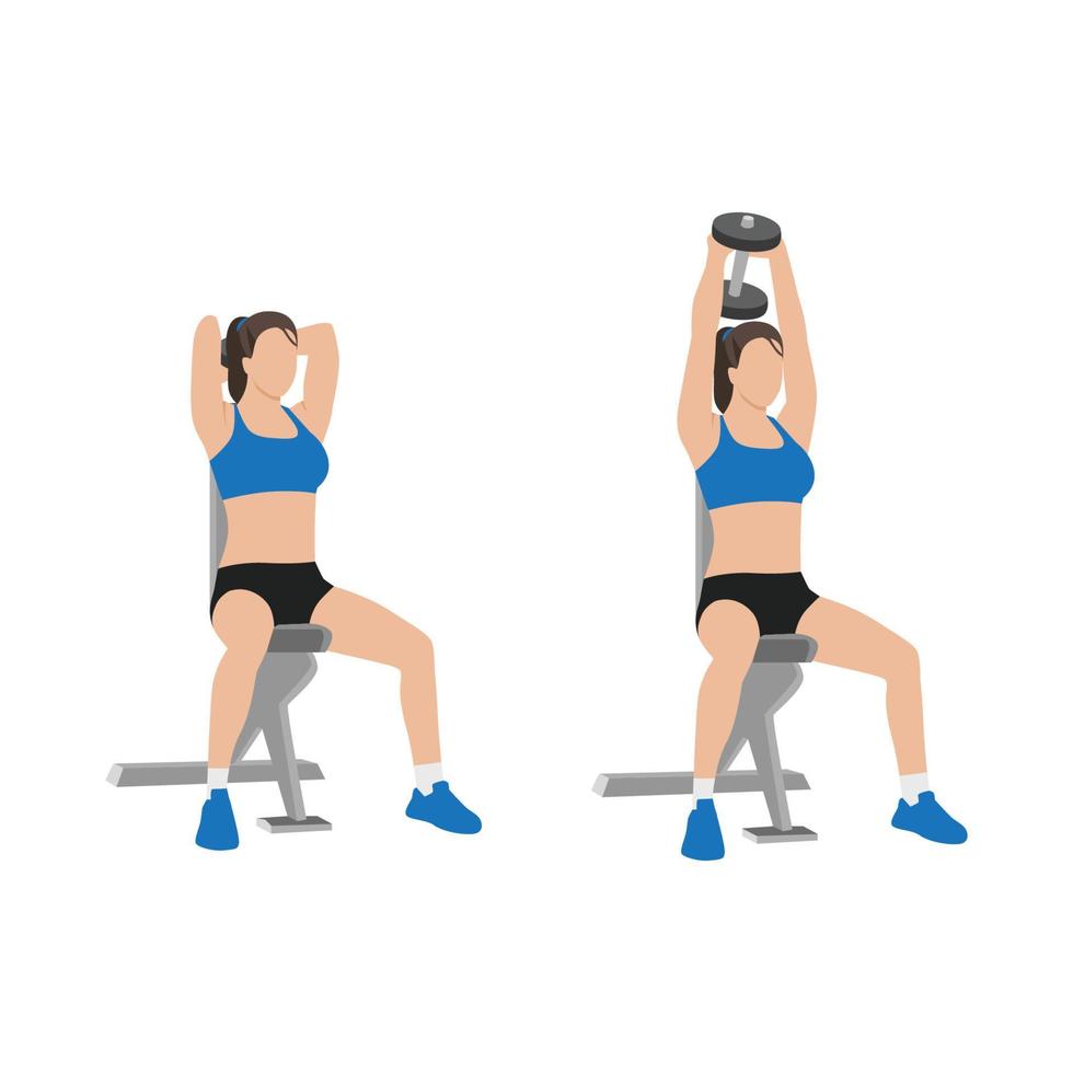 Woman doing Seated tricep press. overhead extensions exercise. Flat vector illustration isolated on white background