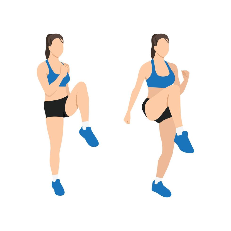 mujer haciendo rodillas altas. elevaciones de rodilla delanteras. run.jog en el ejercicio del lugar. ilustración vectorial plana aislada sobre fondo blanco vector