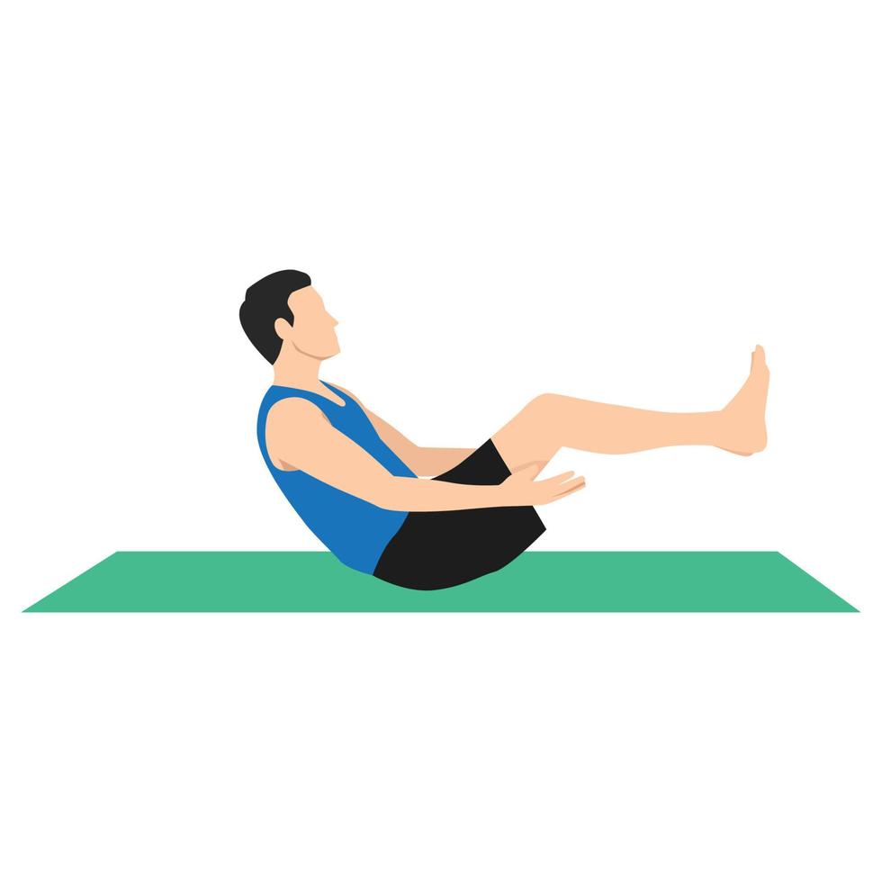 hombre haciendo navasana o pose de barco, ejercicio de yoga. ilustración vectorial en estilo moderno vector