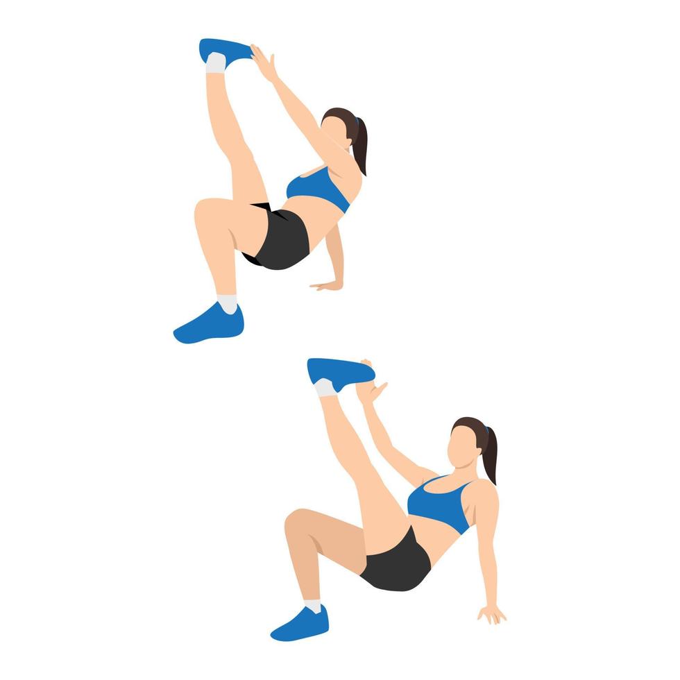 Woman doing Crab toe touches exercise. Flat vector illustration isolated on white background