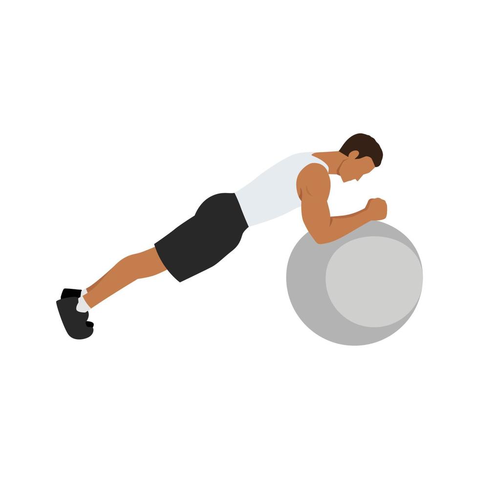 Man doing Swiss ball plank. abdominals exercise flat vector illustration isolated on white background