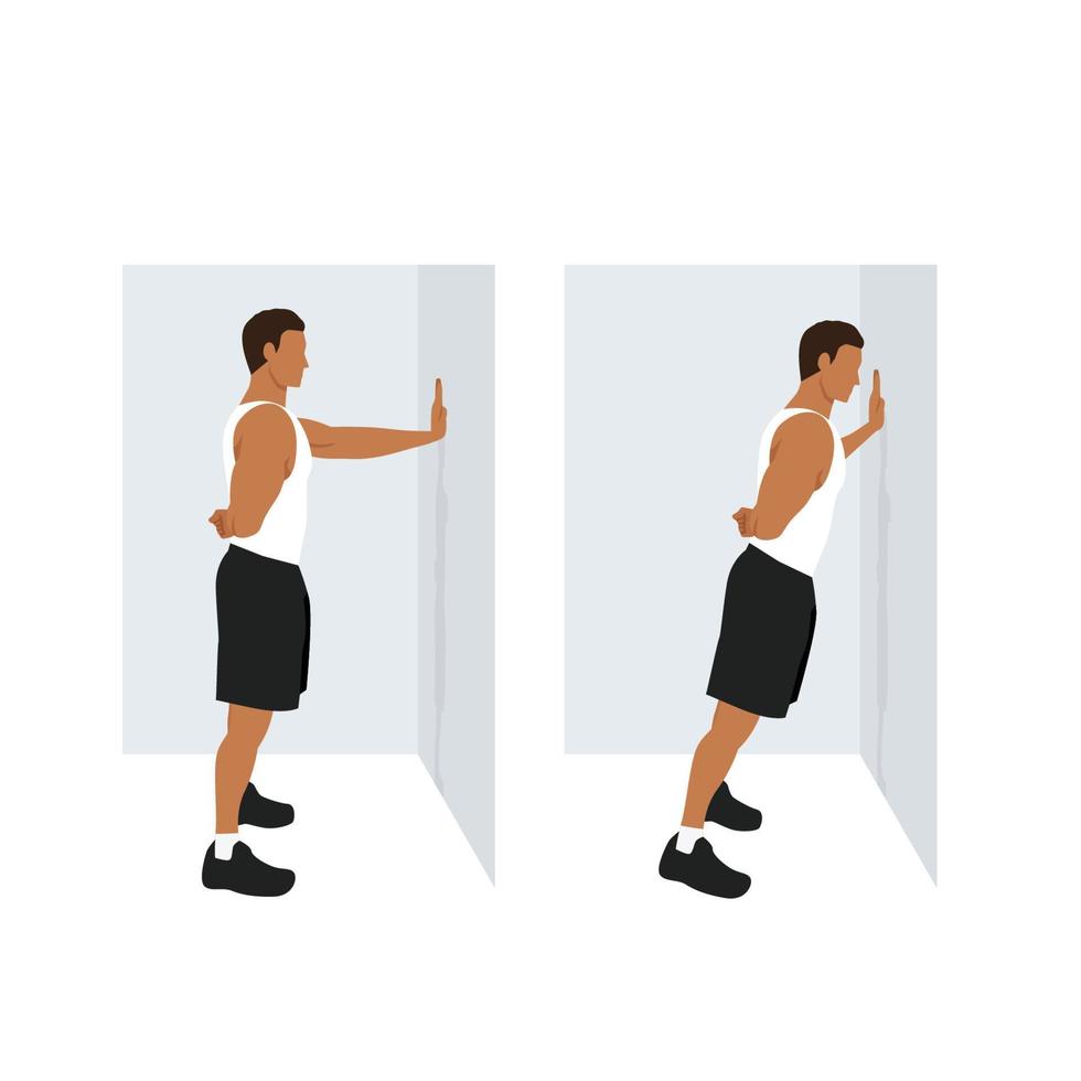 hombre haciendo ejercicio de empuje hacia arriba de la pared de un solo brazo. ilustración vectorial plana aislada sobre fondo blanco. conjunto de caracteres de entrenamiento vector