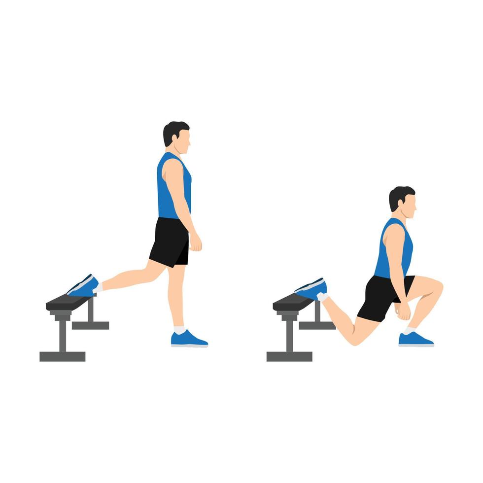 Man doing Bulgarian split squats exercise. Flat vector illustration isolated on white background