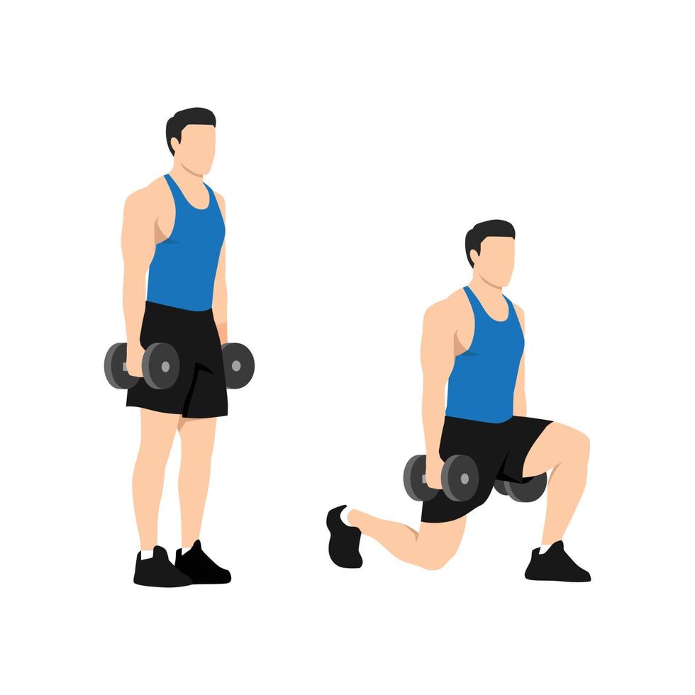 Man doing dumbbell lunges. Vector set of workout icons in flat style isolated on white background.