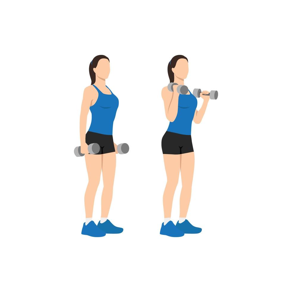 Sport Women Doing Fitness With Dumbbell Biceps Curl To Shoulder Press  Exercise In 3 Steps Fitness With Workout Equipment Of Gym Stock  Illustration - Download Image Now - iStock