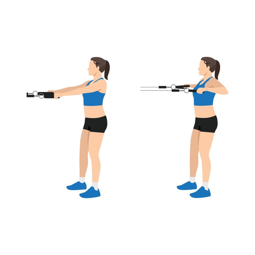 Woman doing Upper back farmers Resistance band exercise. Flat vector illustration isolated on white background