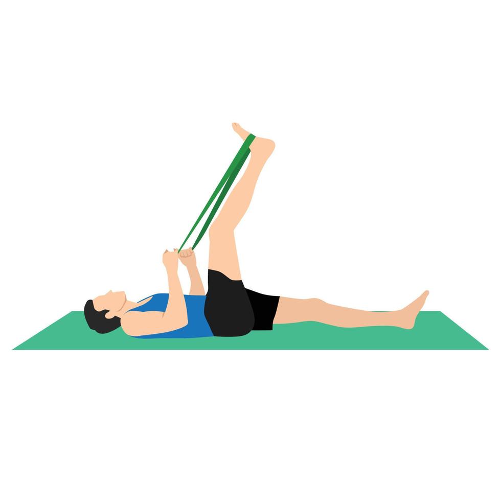 Yoga Man in Supta Padangusthasana or Reclining hand to big toe pose. Male cartoon character practicing Hatha yoga. Man demonstrating exercise during gymnastics training. Flat vector illustration.