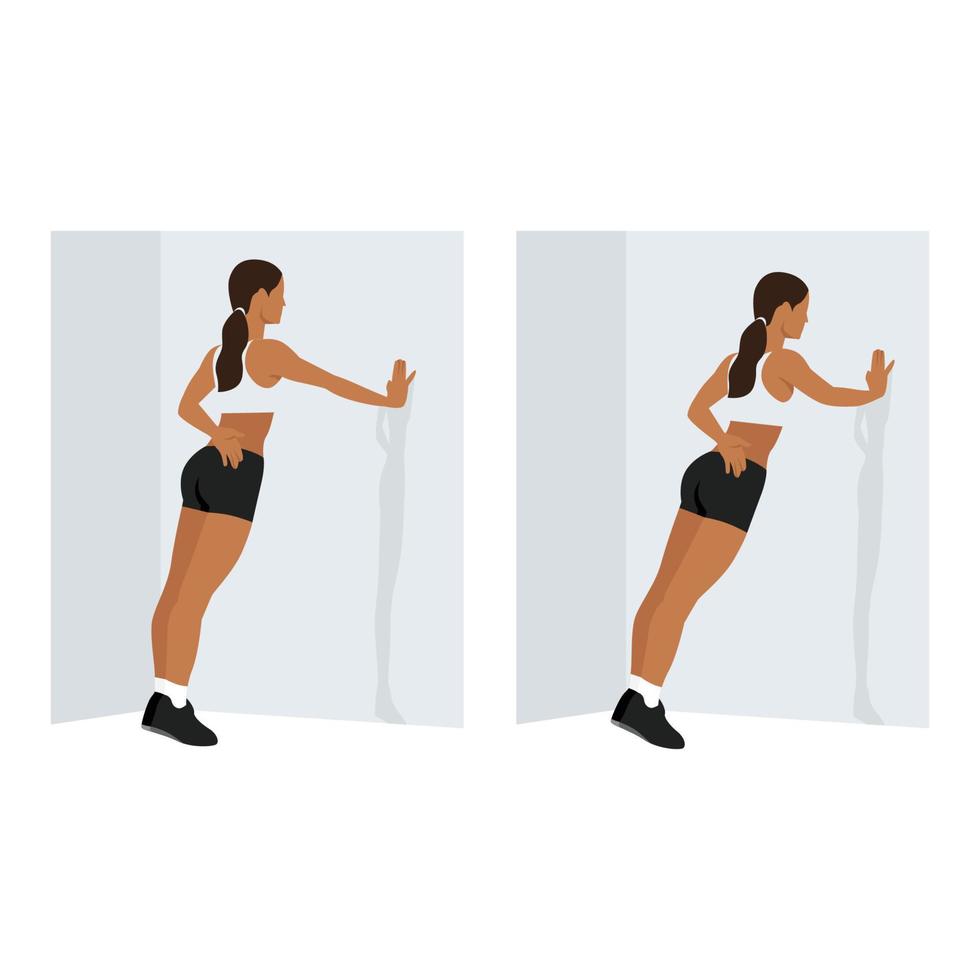 mujer haciendo ejercicio de empuje hacia arriba de la pared de un solo brazo. ilustración vectorial plana aislada sobre fondo blanco. conjunto de caracteres de entrenamiento vector