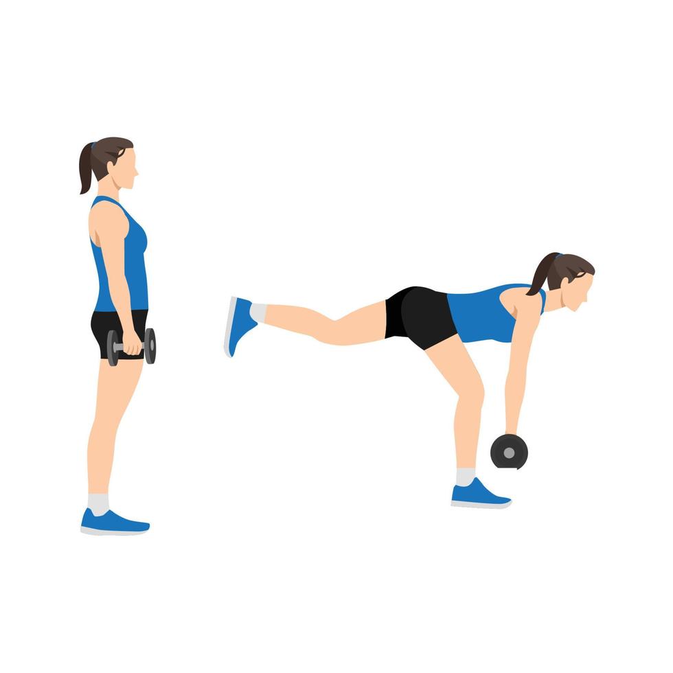 Woman doing single leg db deadlifts flat vector illustration isolated on white background