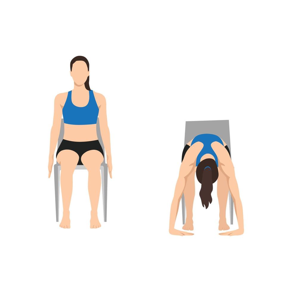 Woman doing Chair forward bend. Uttanasana exercise. Flat vector illustration isolated on white background