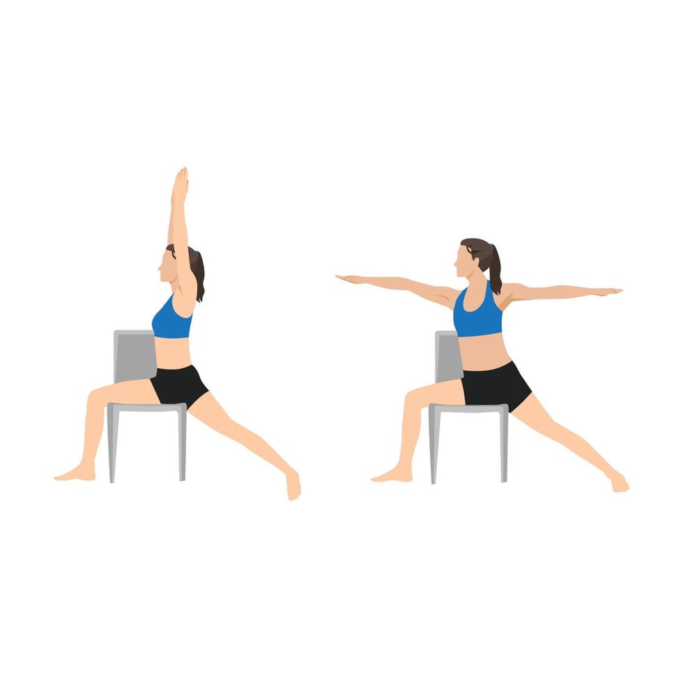 Woman doing Chair warrior II. Virabhadrasana exercise. Flat vector illustration isolated on white background