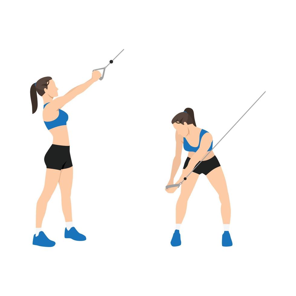 Woman doing Downward cable wood chops exercise. Flat vector illustration isolated on white background