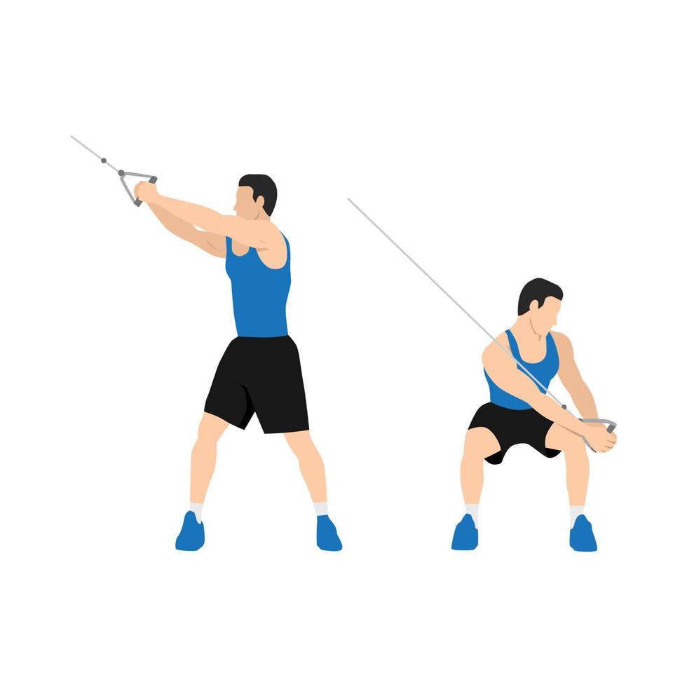 Man character doing Downward cable wood chops exercise. flat vector illustration isolated on different layers