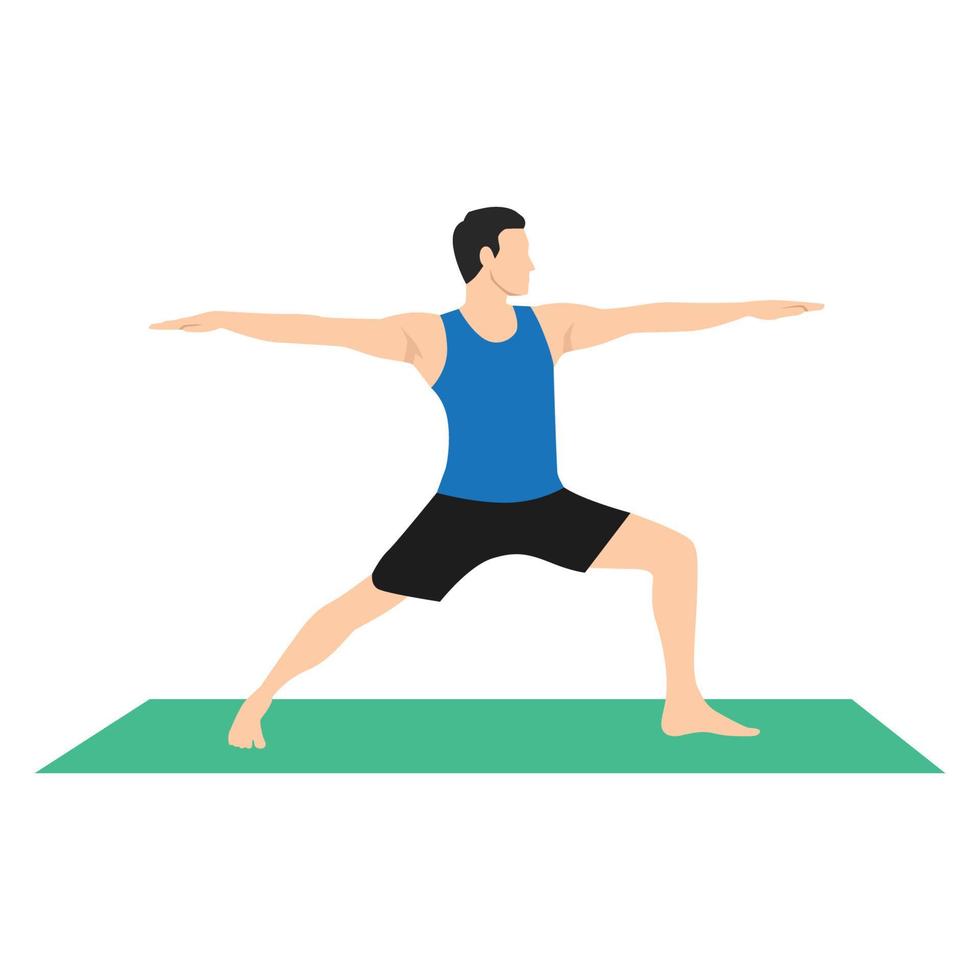 hombre de yoga en virabhadrasana 2 o pose de guerrero ii. personaje de dibujos animados masculino practicando hatha yoga. hombre demostrando ejercicio durante el entrenamiento de gimnasia. ilustración vectorial plana. vector