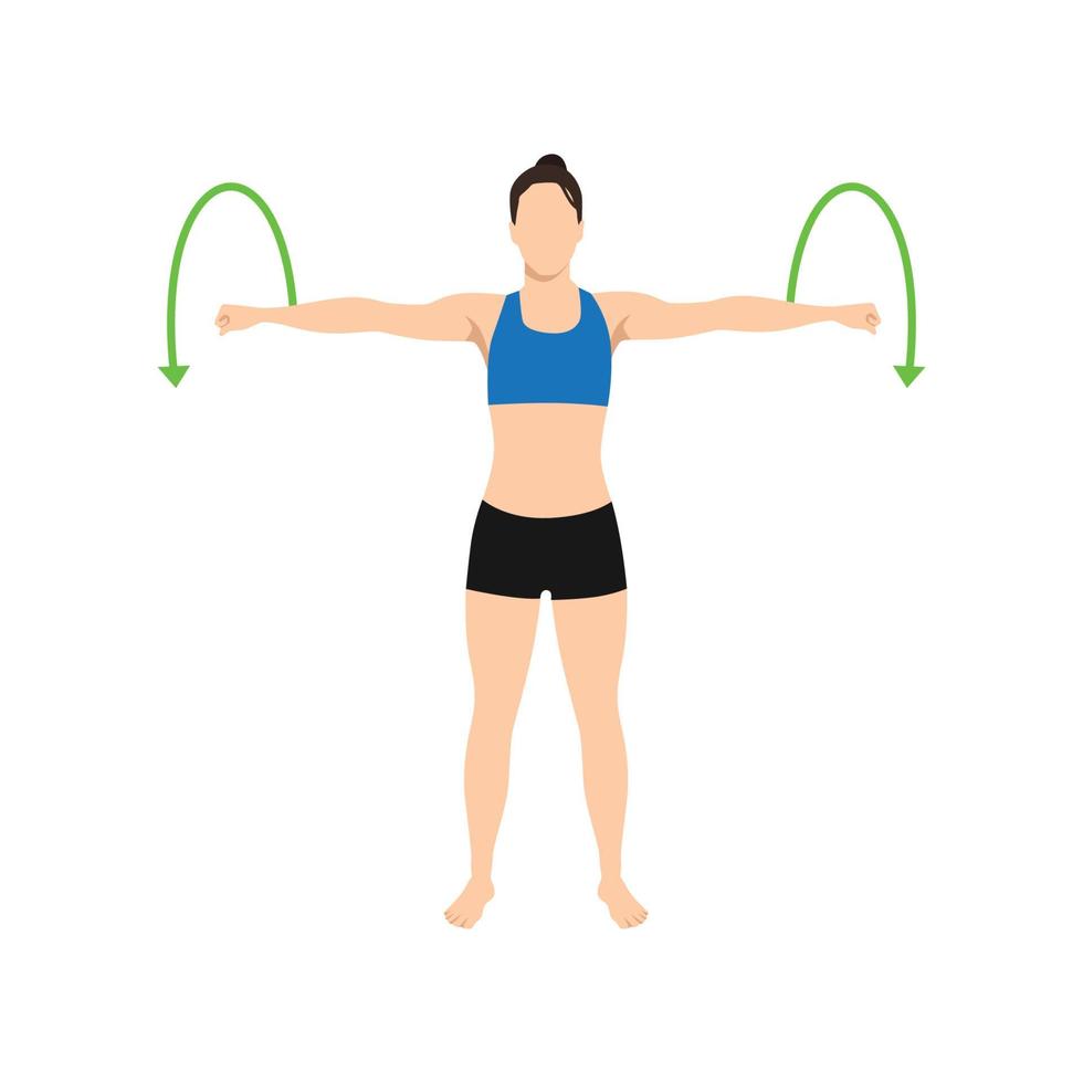 Woman doing Arm circles exercise. Flat vector illustration isolated on white background