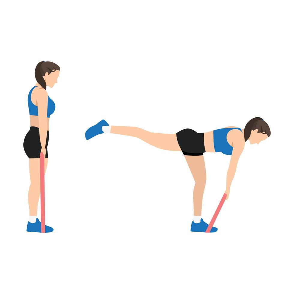 mujer haciendo ejercicio de banda de resistencia de peso muerto con banda de resistencia de una sola pierna. ilustración vectorial plana aislada sobre fondo blanco vector