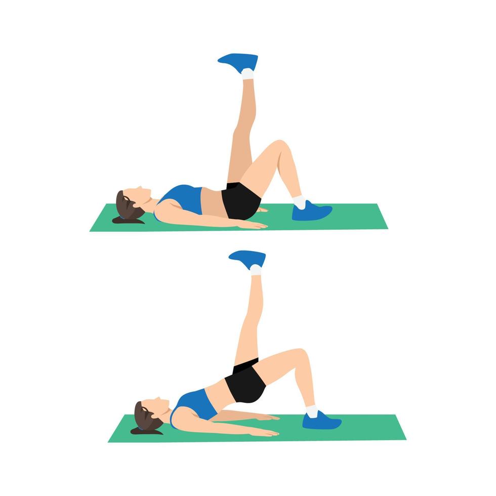 Woman doing Single leg bridge exercise. Flat vector illustration isolated on white background