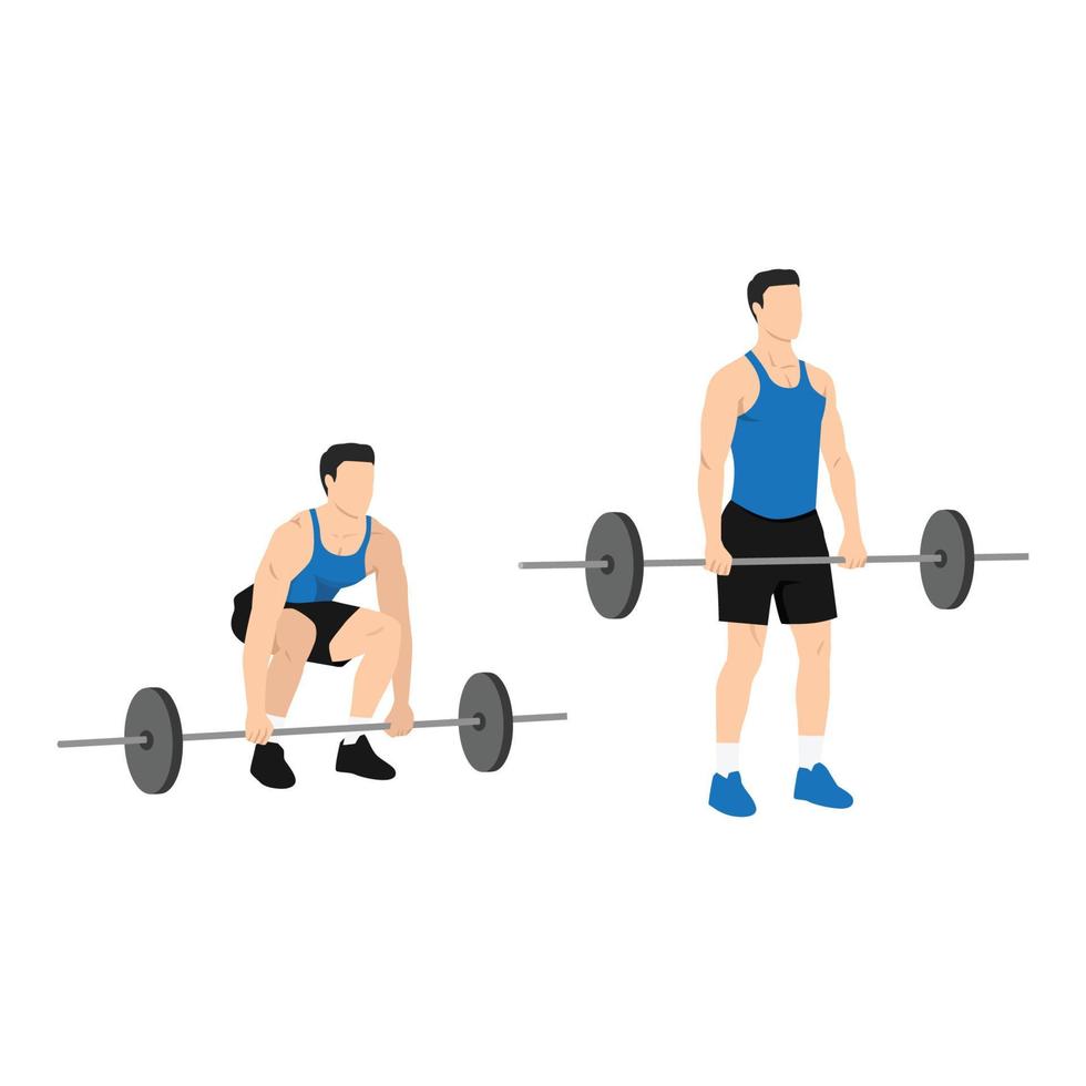 Man doing Barbell deadlifts exercise. Flat vector illustration isolated on white background