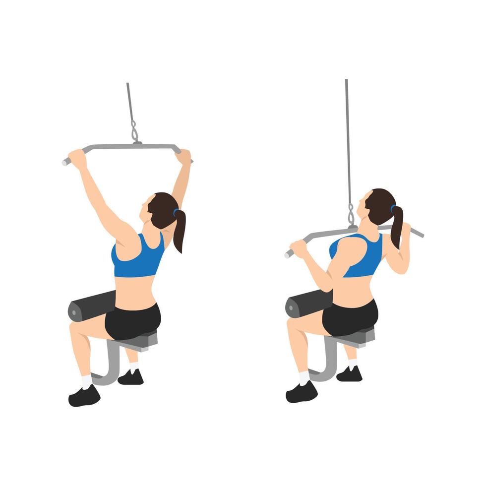 Woman doing seated lat pulldowns flat vector illustration isolated on white background