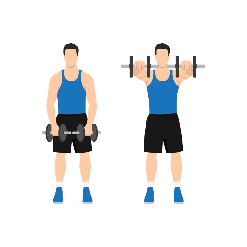 Man doing Two arm dumbbell front shoulder raises exercise. Flat vector illustration isolated on white background