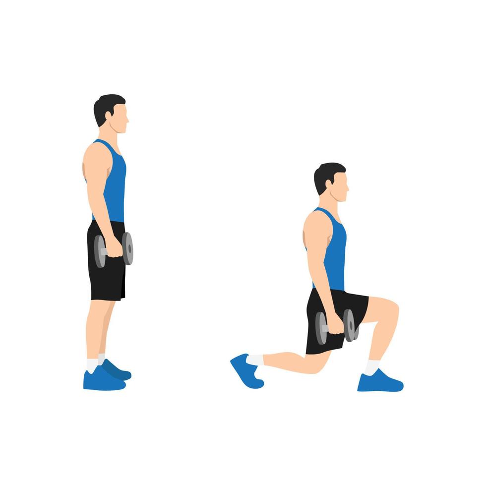 hombre haciendo ejercicio de estocadas caminando con mancuernas. ilustración vectorial plana aislada sobre fondo blanco vector