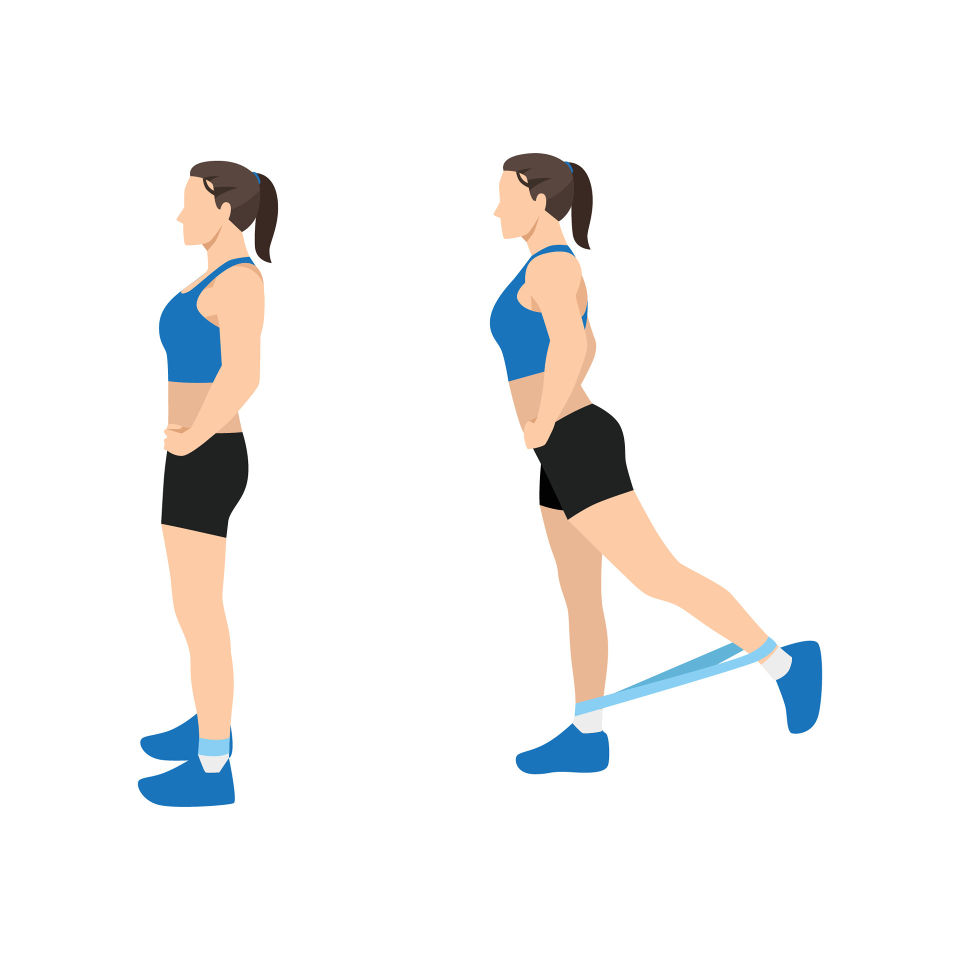 Woman doing Standing kickbacks Resistance band exercise. Flat vector