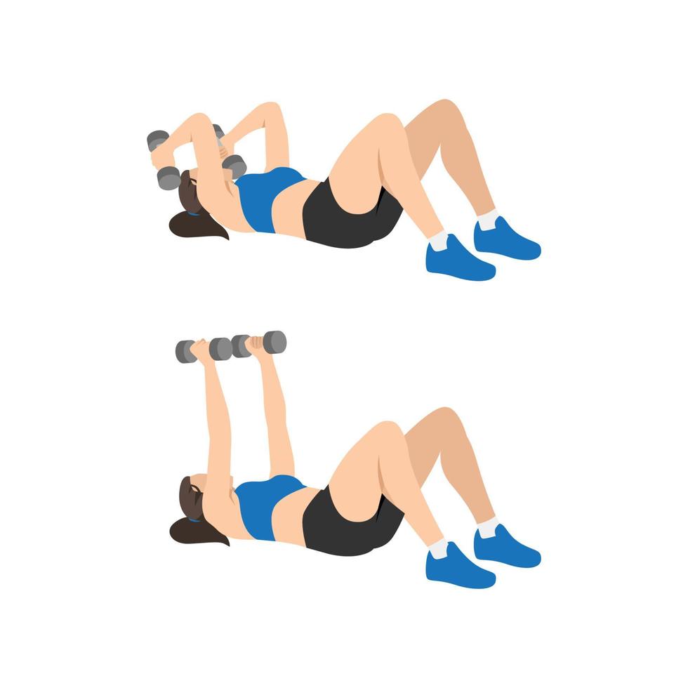 Woman doing lying trice extension exercise. Flat vector illustration isolated on white background
