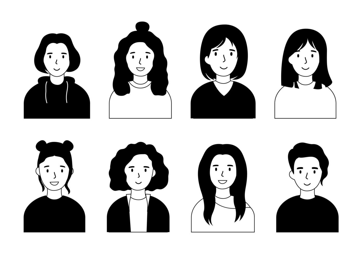 Set of monochrome female avatars vector