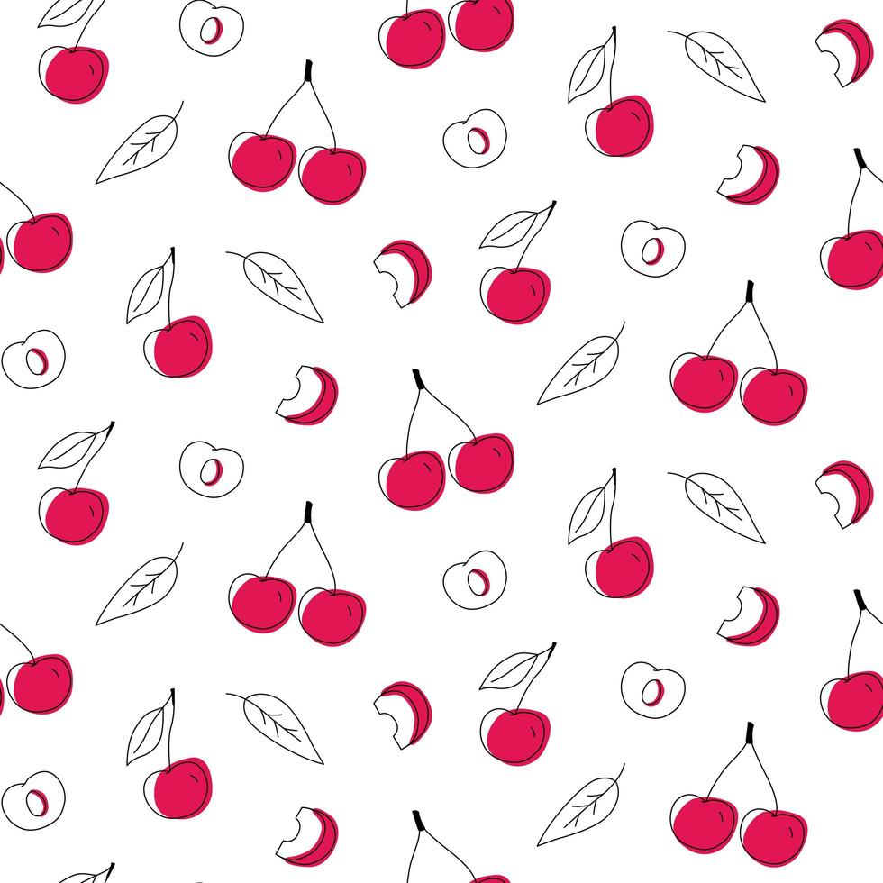 Seamless pattern doodle cherries outline with spots. Whole, pieces, and leaves. vector