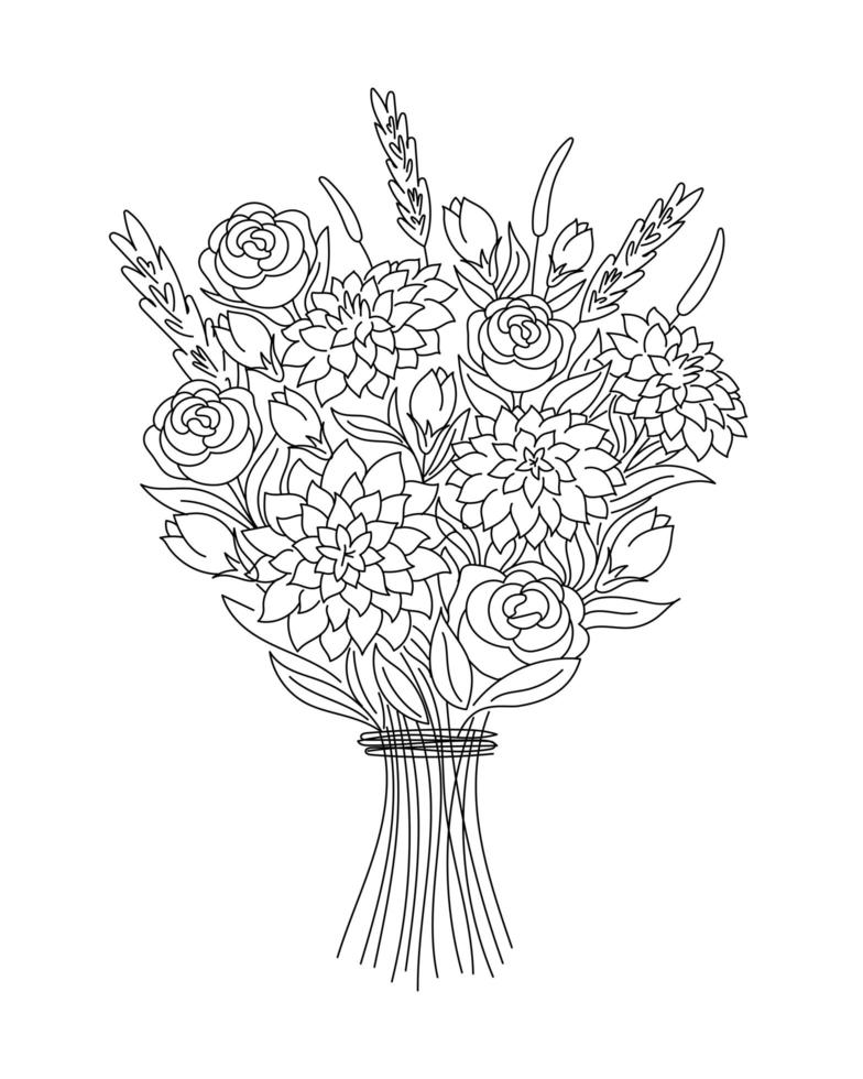 Bouquet with garden and wild flowers vector doodle illustration.