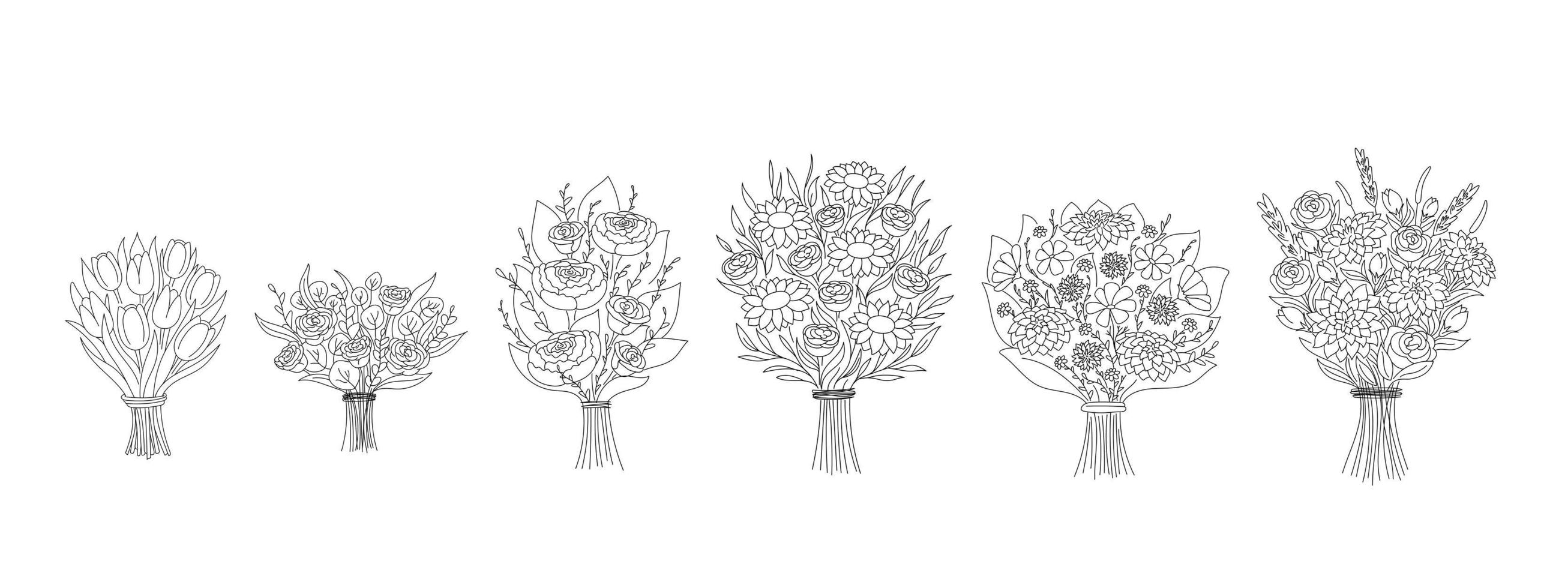 Set of different doodle outline bouquets. Collection of various blooming plants with stems and leaves isolated on white. Floral decoration or gift vector