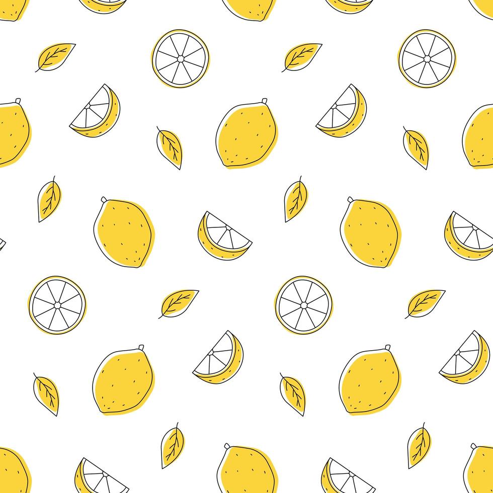 Seamless pattern lemon outline with spots. Whole, pieces, and leaves. vector