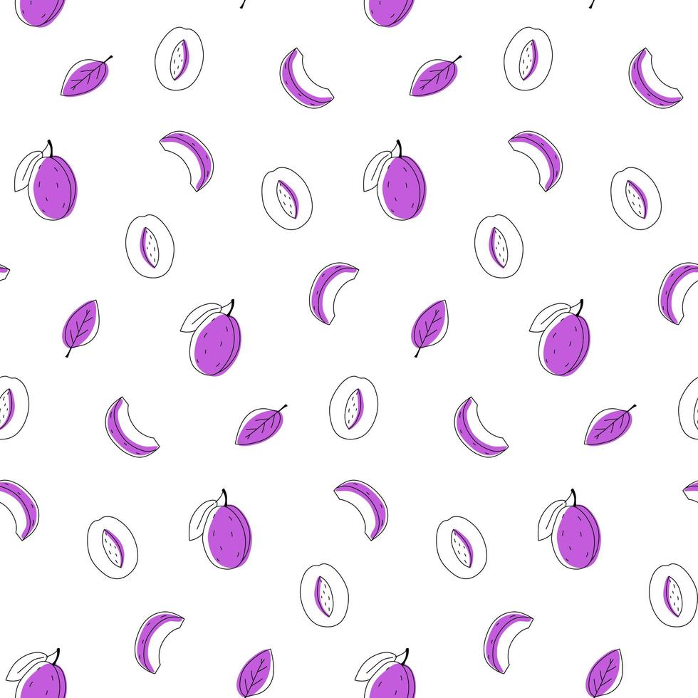 Seamless pattern doodle prunes plum outline with spots. Whole, pieces, and leaves vector